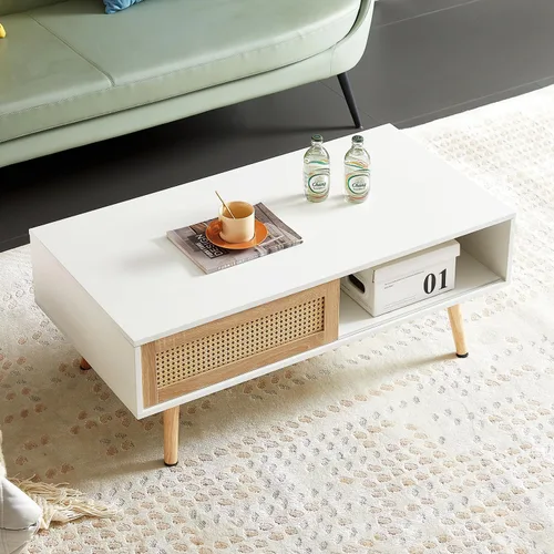 Miniatura 5 de Mesa de centro moderna de mediados de siglo con almacenamiento, mesa rectangular de madera de 41.3 pulgadas con panel de puerta deslizante de ratán