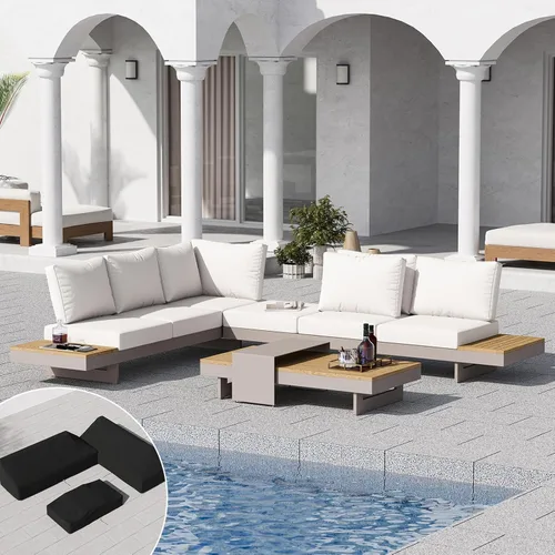 Miniatura 9 de homary Juego de 6 sofás seccionales de aluminio y teca para exteriores con respaldos ajustables, cojines impermeables, ideal para patios y balcones
