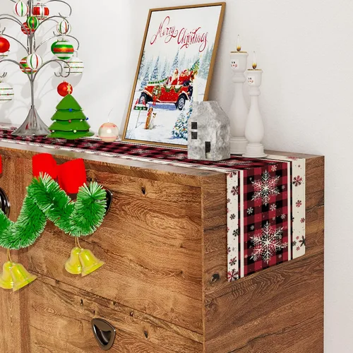 Miniatura 4 de Camino de mesa de copo de nieve rojo, 13 x 72 pulgadas, rústico, poliéster, patrón de copo de nieve, decoración navideña