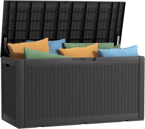 Miniatura 17 de Caja de cubierta para exteriores de 120 galones, cajas de almacenamiento impermeables con cerradura para herramientas de jardín, cojines de Gris