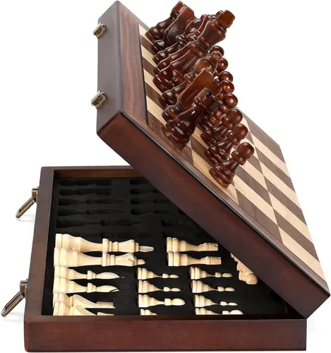 Miniatura 11 de Rinten Juego de ajedrez magnético de madera de 12 a 7 pulgadas, juego de tablero de ajedrez plegable portátil de viaje, juego de estrategia