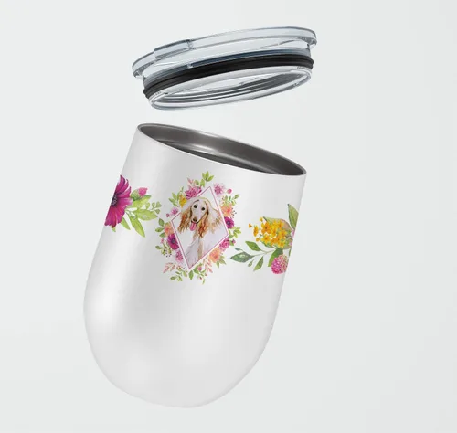 Miniatura 2 de Caroline's Treasures CK4110TBL12 Afghan Hound Pink Flowers - Vaso de vino aislado de acero inoxidable de 12 onzas con tapa, bonita taza de viaje