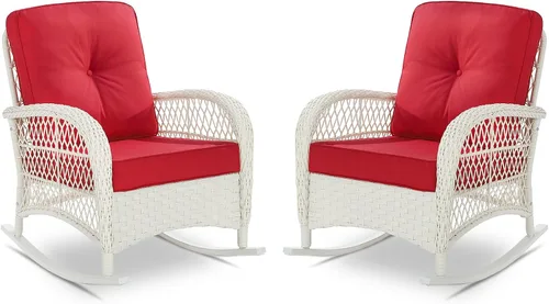 Miniatura 30 de VIVIJASON Mecedora de mimbre para exteriores, silla mecedora de ratán para patio con cojines y marco de acero, muebles de mimbre mecedores