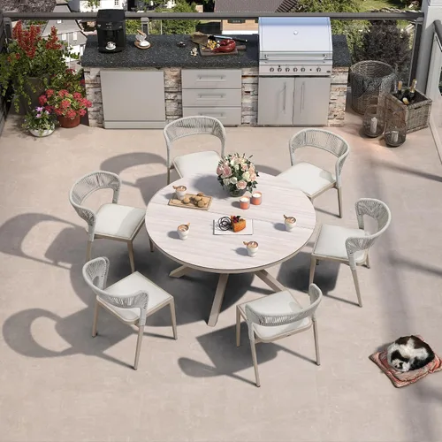Miniatura 52 de PURPLE LEAF Juego de comedor redondo de 5 piezas de gran tamaño, marco de aluminio y mimbre de ratán para patio, mesa y sillas con cojines