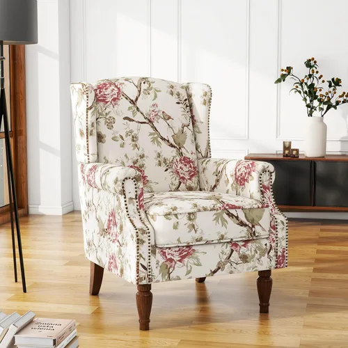 Miniatura 34 de Silla de Acento de Respaldo Alto, Sillón Tapizado en Tela para Sala de Estar, Sillón Wingback con Estampado Floral con Patas de Madera Maciza, Sofá