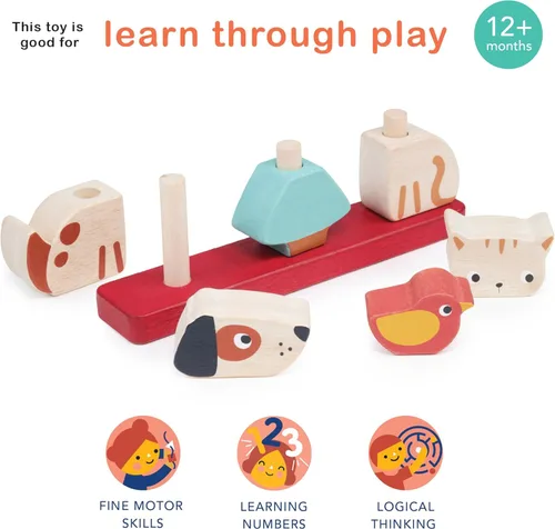 Miniatura 4 de Mentari Juguete interactivo apilador para mascotas, juego de 6 piezas, gatito, cachorro, pájaro, tablero base con clavijas