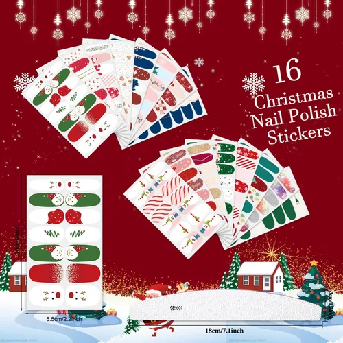 Miniatura 2 de 16 hojas de tiras de esmalte de uñas de Navidad, autoadhesivas, luces de árbol de Navidad, copo de nieve, muñeco de nieve, calcomanías de uñas