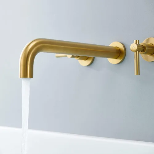 Miniatura 7 de Wowkk Llenador de bañera de montaje en pared, grifo de bañera de oro cepillado, grifos de baño de latón con 2 asas