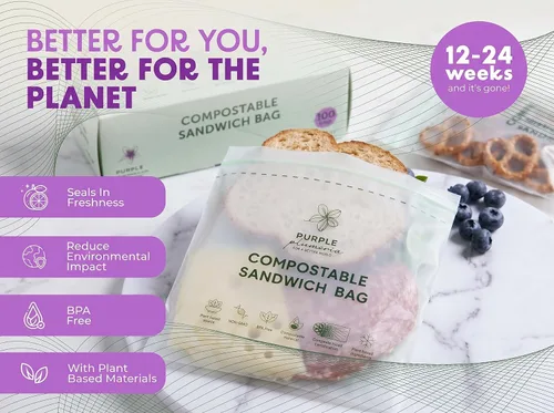 Miniatura 2 de Bolsas de almacenamiento de alimentos 100% compostables resellables (100 cremalleras ecológicas), a base de plantas, a prueba de fugas, duraderas
