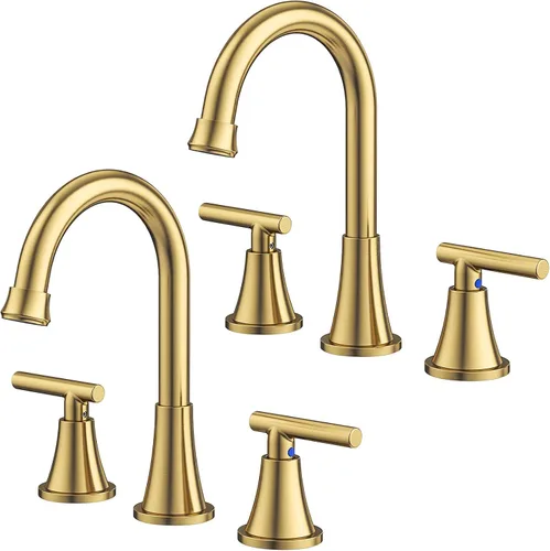 Miniatura 10 de Grifos de Baño para Lavabo de 3 Orificios, Hurran Grifo de Lavabo de Baño Dorado Cepillado con Desagüe Pop-up y Líneas de Suministro, Grifo Oro