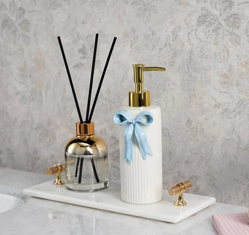 Miniatura 6 de Dispensador de jabón de cerámica hecho a mano, dispensador de líquido de loción para manos, recargable para decoración de cocina y baño (azul cinta)