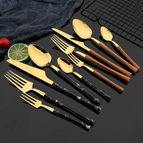Miniatura 8 de JASHII Juego de cubiertos de acero inoxidable con textura de mármol, 24 piezas, tenedor de cuchillo, cuchara de té, cubiertos plateados para 6