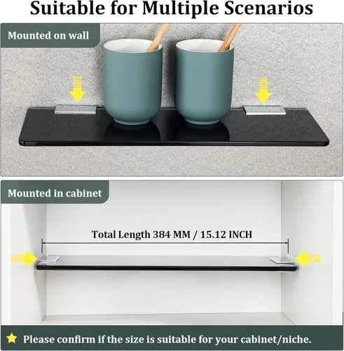 Miniatura 4 de SAYAYO Estantes flotantes de vidrio para baño, estante de vidrio templado para pared de 15 x 5 pulgadas, 1 unidad, color negro negro-1 pieza