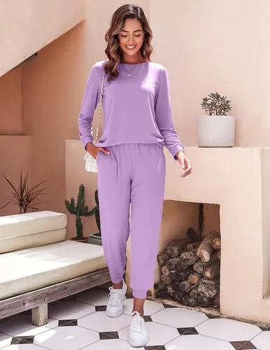 Miniatura 284 de Ekouaer Conjunto de pijama de manga larga para mujer, ropa de dormir suave con cuello redondo y bolsillos