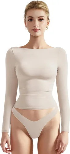 SUUKSESS Camiseta de mujer con cuello redondo, manga larga, doblemente forrada, ajustada y corta