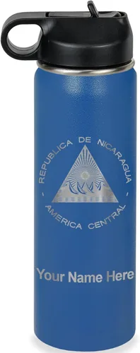 Miniatura 28 de LaserGram Botella de agua personalizada, bandera de Nicaragua, acero inoxidable de doble pared aislada al vacío con popote superior, regalo grabado