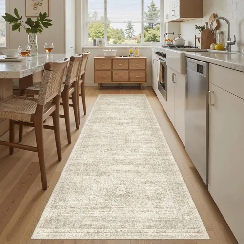 Miniatura 245 de Alfombra de pasillo Soalmost 2'6" x 10' lavable, alfombra antideslizante para cocina, baño, lavandería, alfombras vintage ultra delgadas para Beige