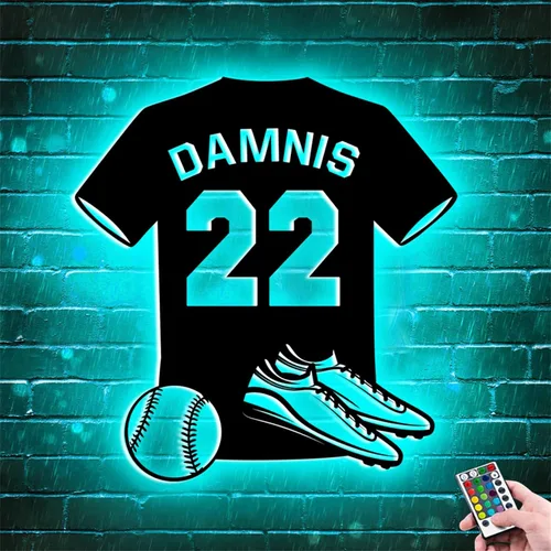 Miniatura 3 de Letrero de metal de béisbol personalizado con luz LED, nombre de camiseta de béisbol personalizable, número, decoración de pared, regalo para casco