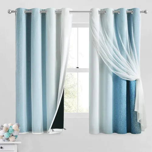 Miniatura 24 de Cortinas 100% opacas con superposición de gasa Mix and Match de doble capa, 54 pulgadas de largo, 2 paneles para dormitorio y sala de estar, azul