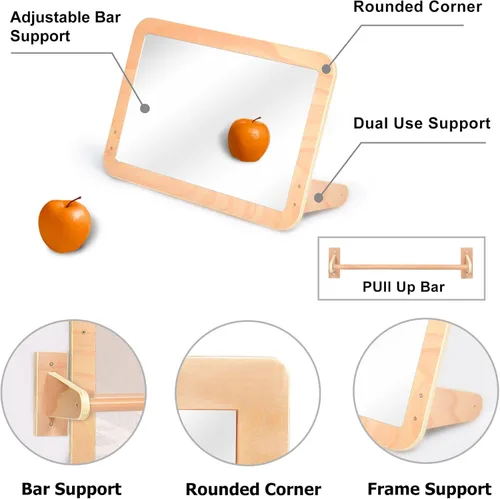 Miniatura 8 de Montessori Baby Espejo de seguridad inastillable 2 en 1 con barra de dominadas, montaje en pared infantil y juego en el suelo para el tiempo boca