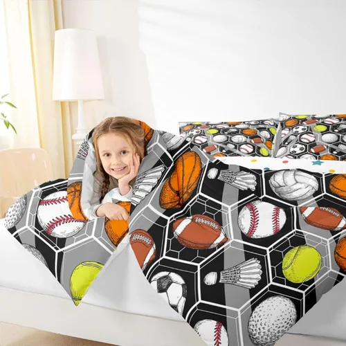 Miniatura 6 de Juego de ropa de cama de juegos de pelota, juego de edredón de baloncesto y fútbol, hexagonal, geométrico, deportivo, de plumón, béisbol, tenis