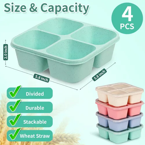 Miniatura 2 de buluker Juego de 4 Recipientes Bento para Aperitivos, Recipientes de Almacenamiento de Alimentos de 4 Compartimentos, Caja de Almuerzo de Paja