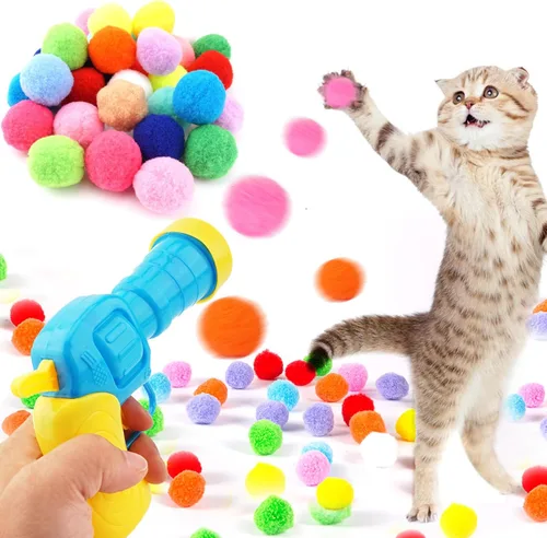 Miniatura 10 de Dorhui Lanzador de pistola de juguete para gatos, 30 bolas de pompones brillantes y lanzador de bolas de gato, disparador de pistola de juguete