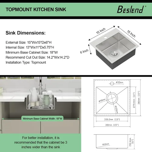 Miniatura 6 de Fregadero de cocina para exteriores 15 x 15 pulgadas, fregadero de bar de 15 x 15 pulgadas, fregaderos de cocina de acero inoxidable de calibre 16