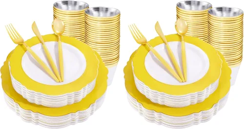 Miniatura 14 de WDF - Vajilla de plástico desechable para 30 invitados platos color oro y cubiertos color oro con mango blanco - Vajilla de plástico barroco blanco