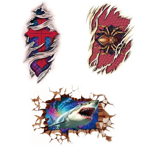 3 tatuajes temporales para adultos – Cruz Roja, Araña y Tiburón, arte corporal de color impermeable para brazos, piernas o espalda