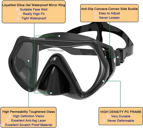Miniatura 5 de WACOOL Juego de buceo profesional con válvula de purga de vidrio recubierto antivaho y pieza de boca de silicona antisalpicaduras para hombres