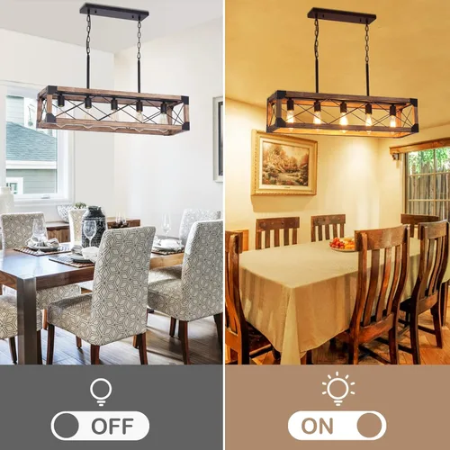 Miniatura 4 de Iluminación de Isla de Cocina Estilo Granja, Lámpara de Comedor de 5 Luces, Candelabro Lineal Estilo Granja con Madera Maciza para Comedor Cocina