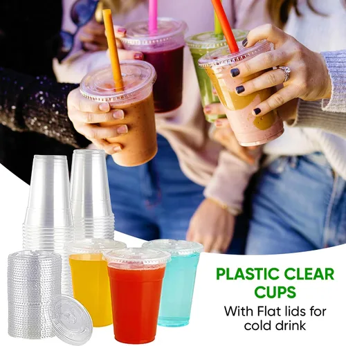 Miniatura 6 de Green Direct Vasos de plástico ultra transparentes con tapas planas para café helado, batido de té Boba (100, 10 onzas)