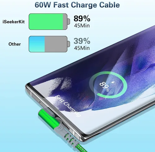 Miniatura 3 de Paquete de 5 cables USB C a USB C de 10 pies en ángulo recto USB C extra largo de 60 W/3A tipo C a tipo C, cable de carga rápida compatible