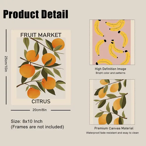 Miniatura 5 de Juego de 9 impresiones de arte de pared de mercado de frutas, pósteres coloridos abstractos, impresiones de mercado de frutas limón naranja plátano