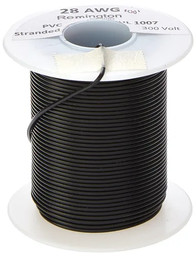 Cable de conexión trenzado calibre 28 AWG, 100 pies de longitud, negro, 0.0126 pulgadas de diámetro, UL1007, 300 voltios
