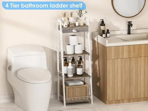 Miniatura 4 de keomaisyto Elegante estante de escalera de 4 niveles, estante de almacenamiento para baño, estantería de escalera con cajón, estantes de Blanco