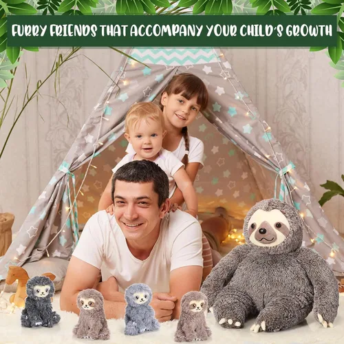 Miniatura 6 de Kasyat Juego de 5 piezas de animales de peluche de perezoso grande de 13 pulgadas, juguete de peluche con 4 bebés, peluches suaves para niños