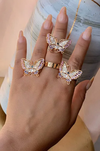 Miniatura 5 de Lavencious Anillo ajustable con diseño de mariposa con circonitas AAA y piedras de color para mujer