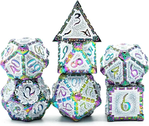 Miniatura 12 de Cusdie 7 dados de metal con caja de metal, juego de dados poliédricos DND con diseño de daga, para juegos de rol, dados D&D (negro con fuente roja)