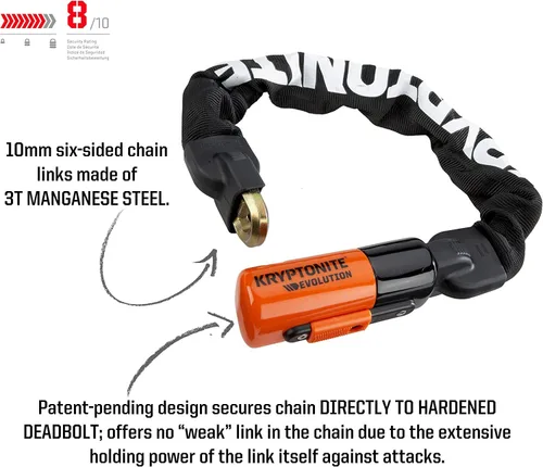 Miniatura 2 de Kryptonite Evolution 1055 - Cerradura de cadena para bicicleta, 1.8 pies de largo, cadena de acero de 0.394 in, resistente, antirrobo, vendida