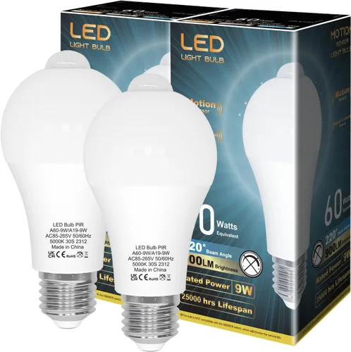 ORALUCE Bombillas con sensor de movimiento para interiores y exteriores, equivalente a 60 vatios, A19 E26 9 W, bombilla LED activada por movimiento,