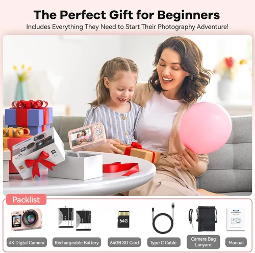 Miniatura 10 de Cámara digital FHD 4K con pantalla dual de 64 GB, tarjeta SD de 64 GB, 2 baterías, zoom 18X, cámara recargable portátil antivibración para niños