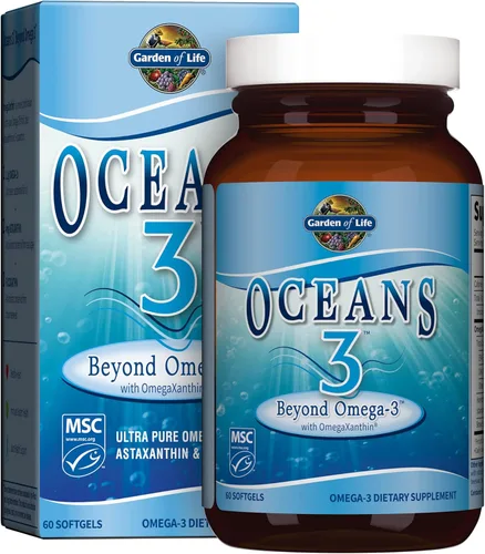 Garden of Life Aceite de pescado ultra puro EPA/DHA Omega 3 - Suplemento de Omega 3 Oceans 3 Beyond Omega 3 con antioxidantes, 60 cápsulas blandas