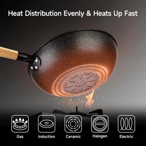 Miniatura 2 de Wok antiadherente con cesta para cocinar al vapor, sartenes para freír de 12 pulgadas con tapa, sartenes de fondo plano multifuncionales Utensilios
