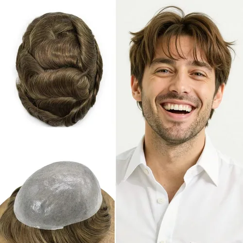 Miniatura 16 de FNY HAIR - Tupé para hombres, sistema de cabello humano, piel ultrafina, PU con bucle en V, prótesis de cabello natural para hombres, #1B05 1B# OFF