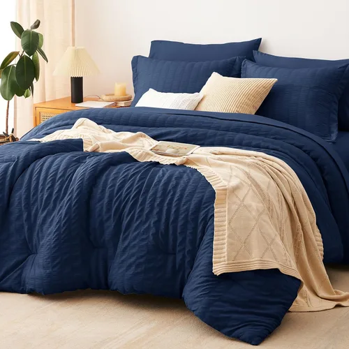 Miniatura 54 de CozyLux Juego de ropa de cama con edredón tamaño King Beige Seersucker de 7 piezas, juego de cama en una bolsa, con edredón, sábanas, fundas