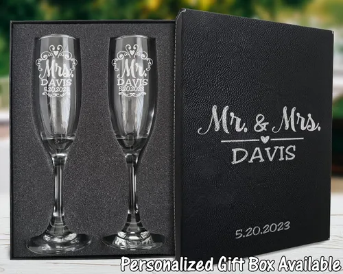 Miniatura 2 de Mr Mrs - Juego de 2 copas de champán con tallo retorcido para parejas, recién casados, novios, novios, novios, esposos, esposa, aniversario