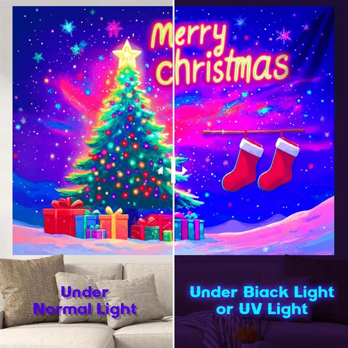 Miniatura 2 de NYZE - Tapiz de Navidad con Papá Noel, tapiz de luz negra que brilla en la oscuridad, colgante de pared, banner festivo, decoración para fiesta