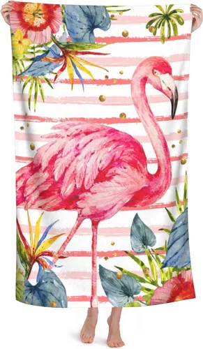 Toalla hawaiana de flamenco rosa para baño, toalla de verano grande seca con hojas hawaianas de flores tropicales, 52 x 32 pulgadas, manta de playa